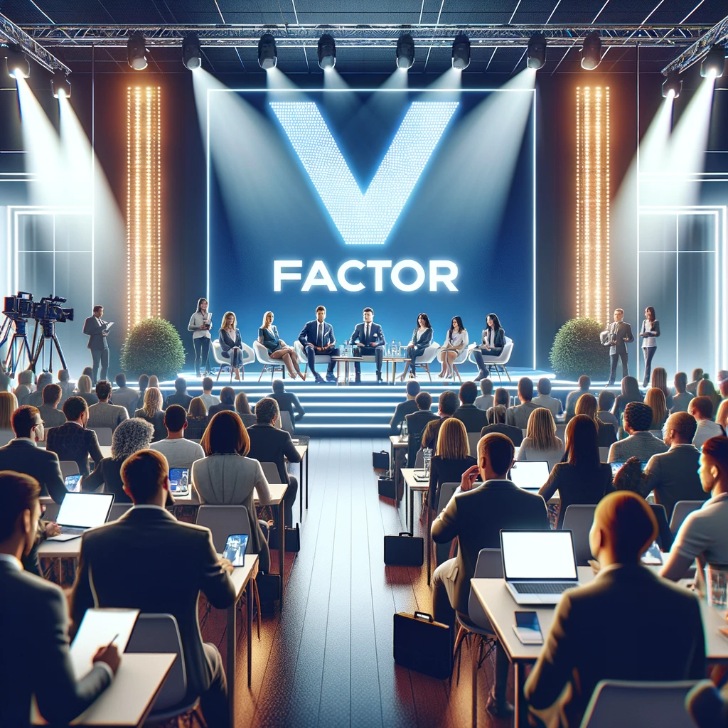 DALL·E 2024-05-13 17.44.29 - A lively and well-organized press conference scene for a digital marketing agency called V Factor. The setting includes a modern stage with a large ba
